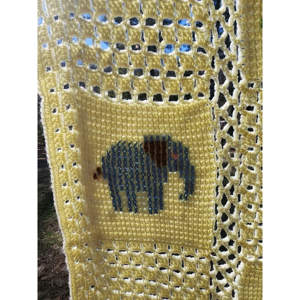 Vintage Handmade Crochet Baby Blanket Yellow Animal Cross Stitch Afghan Nursery